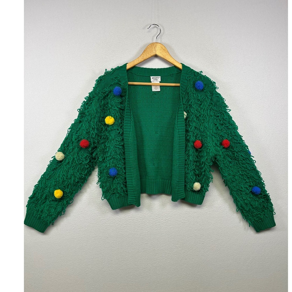 Ugly Christmas Sweater Mighty Fine Womens Large Green Shaggy Pom Pom Cardigan
